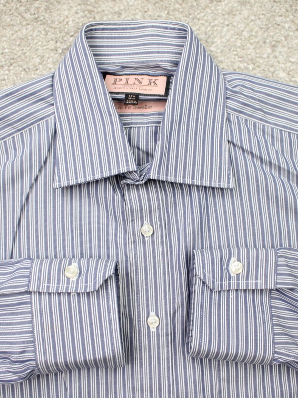 Thomas Pink Shirt Men 15 1/2, 38 Blue Slim Fit Traveller 100% Cotton Long Sleeve